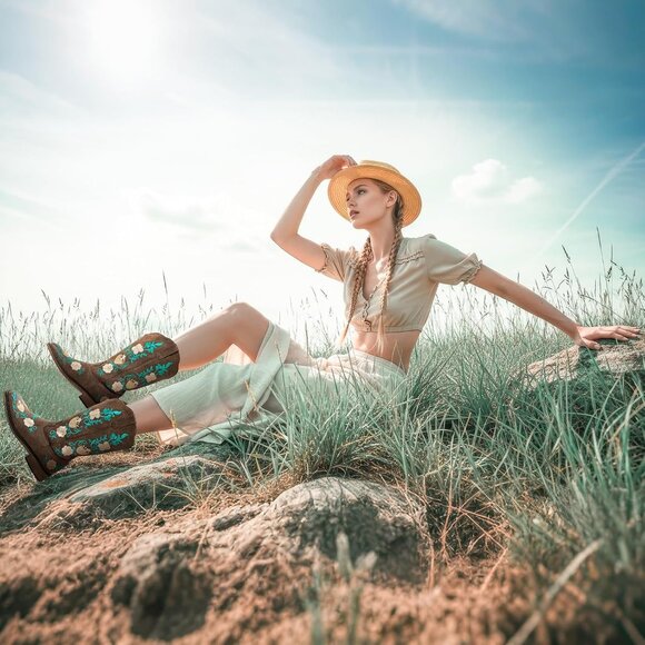 Women's Brown  Cowgirl Sunflower Floral Embroidered Western Square Toe Boots - Picture 7 of 7